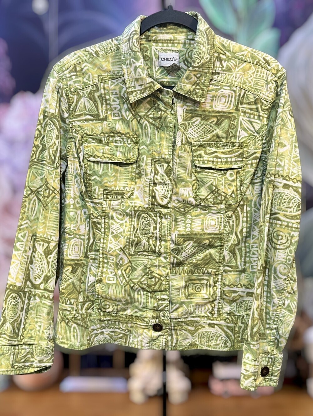 Chicos 2 Jacket Button Front Tribal Fish Print Batik Utility Artsy Boho Green